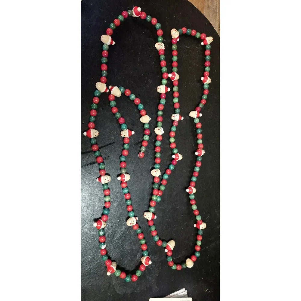 Vintage Christmas Wood Bead Garland Set Santa Snowman Red Green 95‎ inches